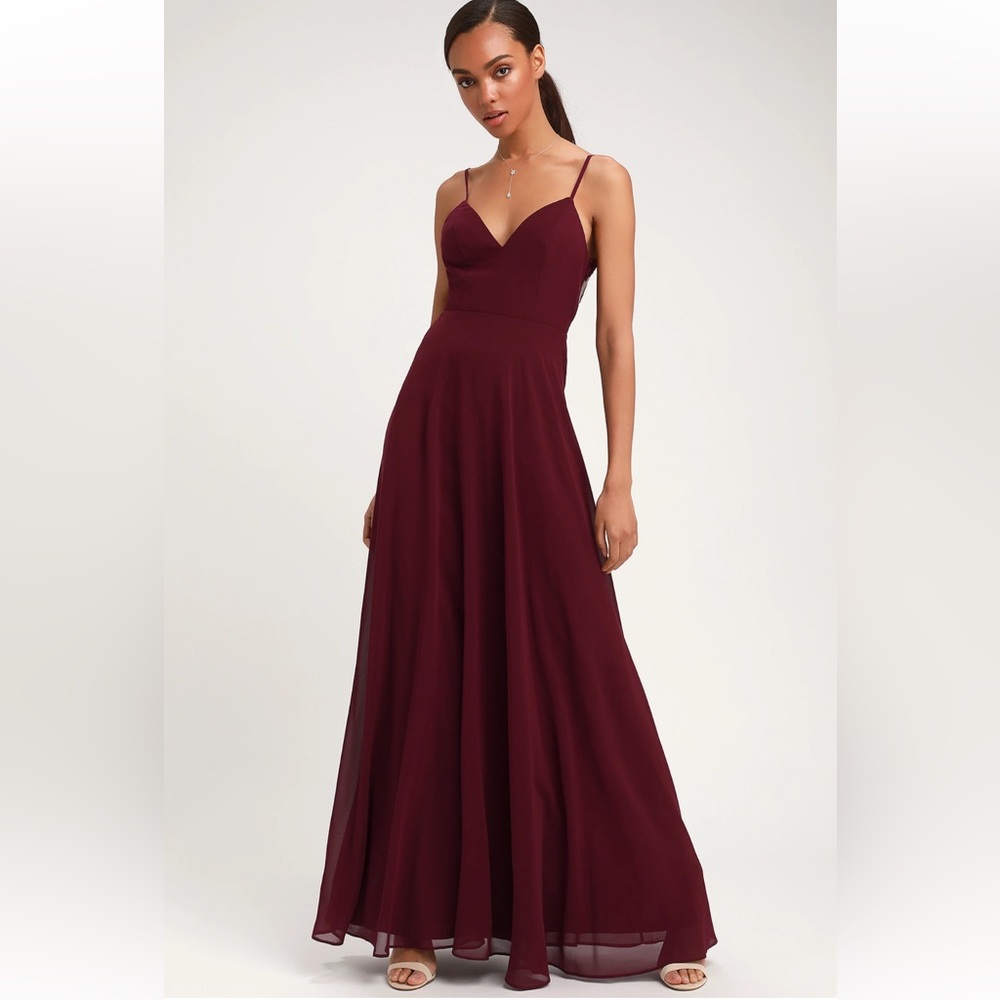 Lulu’s Romantic Ways Burgundy Lace Embroidered Button Back Maxi Dress-Flaw SZ L